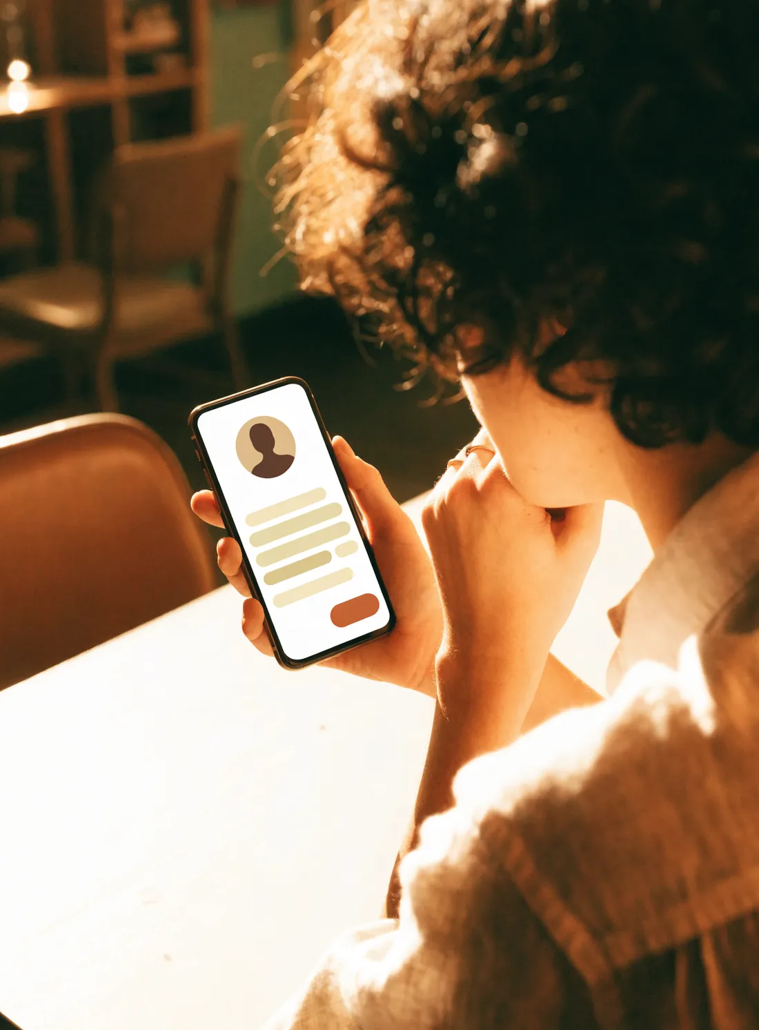 Someone in a café reading a Closr card on their phone