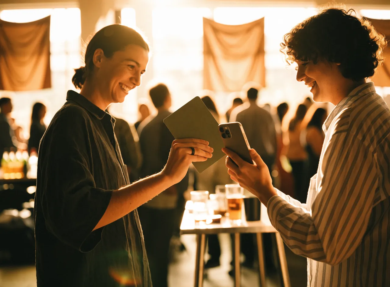 Two people at a standing table in a busy conference hall, one tapping a Closr Tag against the other's phone